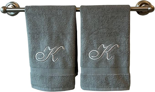 Gray Monogrammed Hand Towels for Bathroom - Luxury Hotel Quality Personalized Initial Embroidered Towel for Powder Room, Spa - GOTS Organic Certified - Set of 2 Silver Letter K