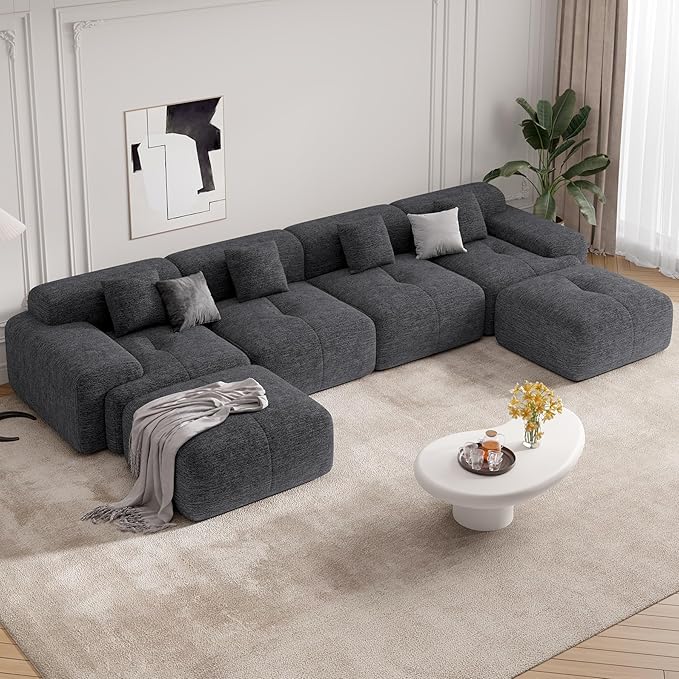 158" Modern U Shaped Modular Sectional Sofa, Boneless Couches for Living Room,6 Seater Convertible Chenille Cloud Couch Sofa Set, No Assembly Required, Grey-Black 1 PCS
