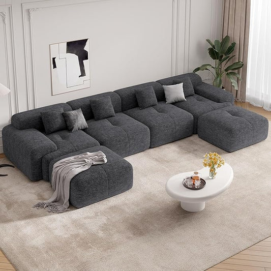 158" Modern U Shaped Modular Sectional Sofa, Boneless Couches for Living Room,6 Seater Convertible Chenille Cloud Couch Sofa Set, No Assembly Required, Grey-Black 1 PCS