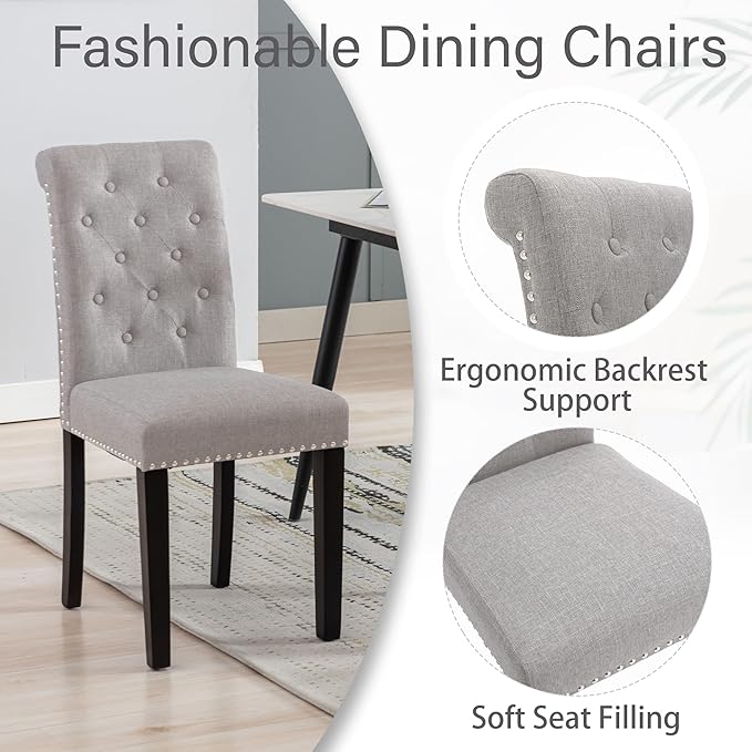 Westice Dining Room Chairs Set of 2 Upholstered Fabric Kitchen Chairs Dining Room Side Chair with Nailhead Trim and Rubber Wood Legs for Small Space Apartment, Light Gray