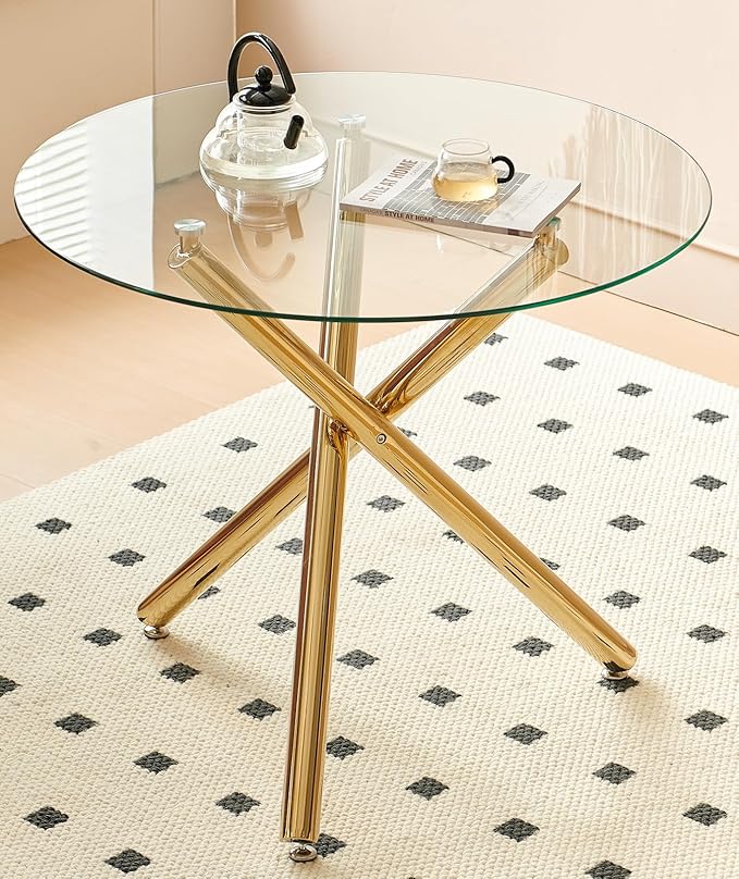 36" Round Dining Table for 4, Modern Clear Glass Kitchen Table for 4 with Gold Cross Metal Legs, Contemporary Small Circle Dining Room Leisure Tables for Kitchen Apartment