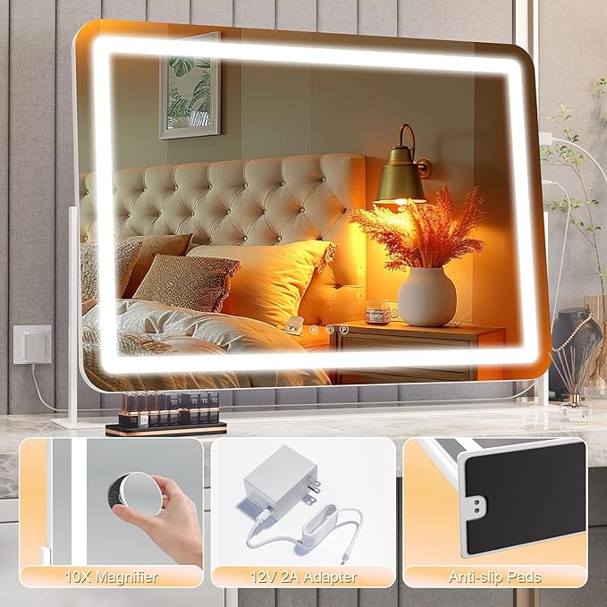 Hasipu Vanity Mirror with Lights, 30" x 21" LED Makeup Mirror, Light up Mirror with 10X Magnification and Phone Holder, USB Charging Port, Smart Touch 3 Colors Dimmable, 360° Rotation (White)