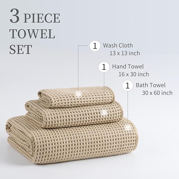 New Microfiber Waffle Bath Towels, 3 Pieces, Oversized, Soft, Absorbent, Fast Drying, Lint Free, Includes Bath, Face and Hand Towels