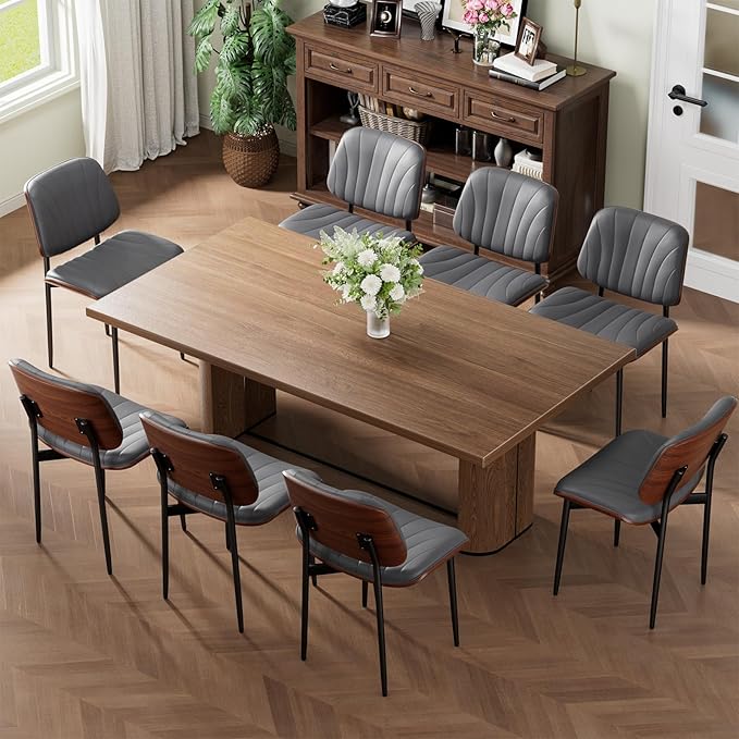 Dining Chairs Set of 6, Mid-Century Modern Upholstered PU Leather Chairs with Walnut Back and Metal Legs Adjustable Feet for Kitchen Dining Room, Dark Gray Shell Strips
