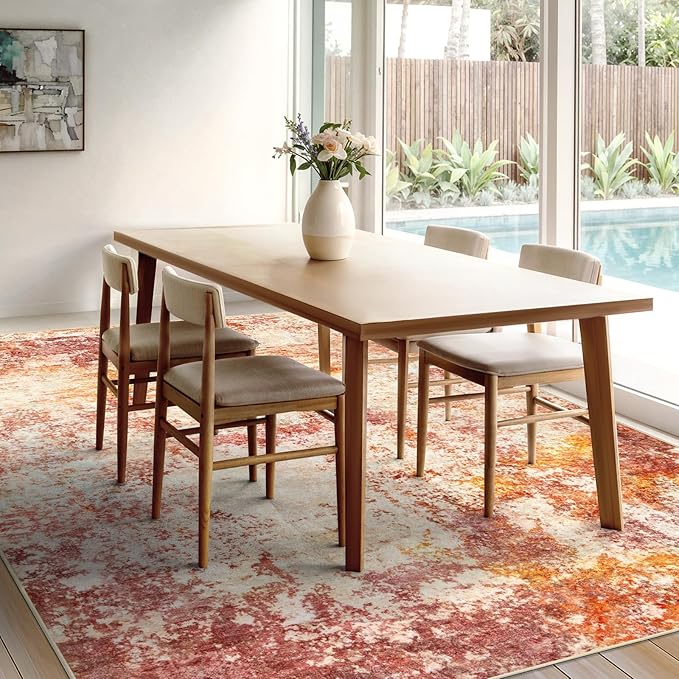 Area Rug Living Room Rugs - 10x14 Washable Modern Neutral Abstract Rugs Soft Low Pile No Slip Stain Resistant Rug Indoor Large Carpet for Bedroom Dining Room Nursery Room Home - Pink/Orange