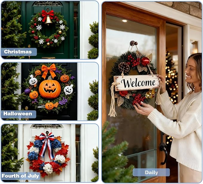 Wreath Hangers for Front Door,Suction Cup Hooks for Shower,Removable No-drill Suction Cup Hook for Door Wreaths/Glass Window/kitchen,Ideal for Holiday/Christmas Door Decoration(2 pcs-4 suction cups)