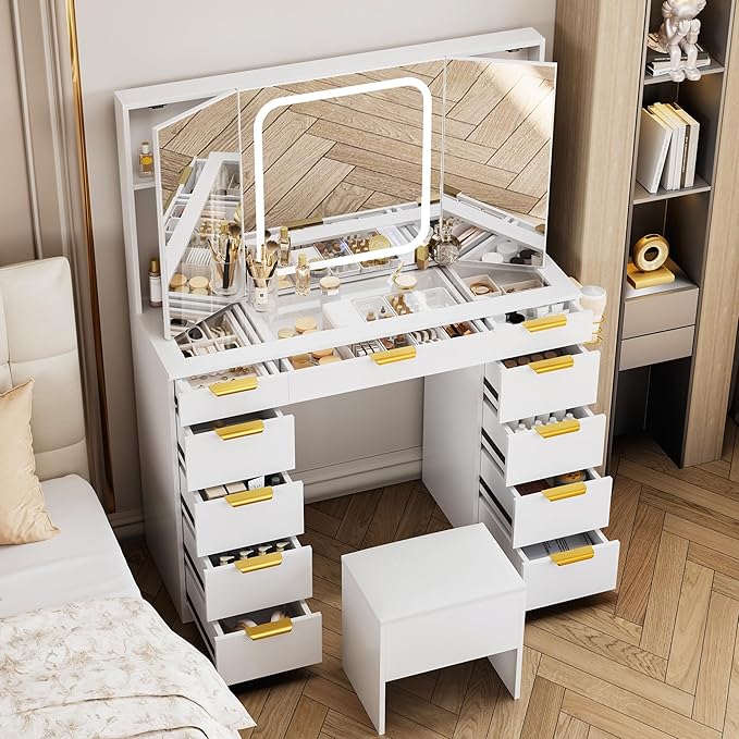 Pamapic 11 Drawers Vanity Desk with Foldable Mirror, Glass Top Makeup Vanity with LED Lights, 3 Lighting Modes, Golden Handles Dressing Table with Chair and Power Outlet