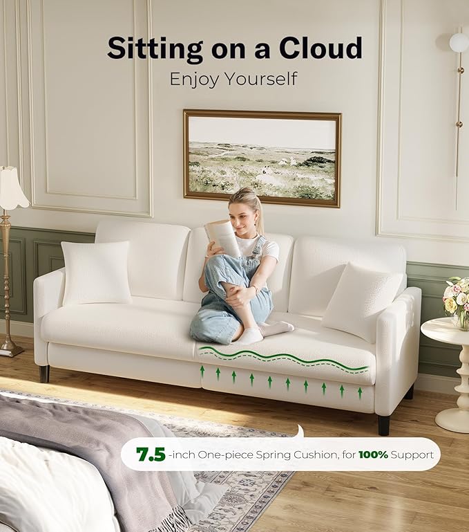 83" Couches for Living Room, Comfy Sofas for Living Room with Storage Ottoman, Teddy Sofa Couch, Tool-Free Loveseat Sofa, All-Wood Love Seat Couches, L Shaped Couch 2 Pillow Included, Beige