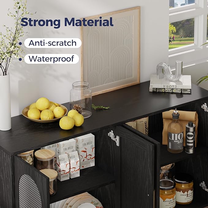 4-Door Rattan Sideboard Buffet Cabinet, 47" Large Storage Cabinet with Shleves, Wood Modern Accent Credenza Kitchen Table for Dining Room, Living Room & Entryway, Black & Grey