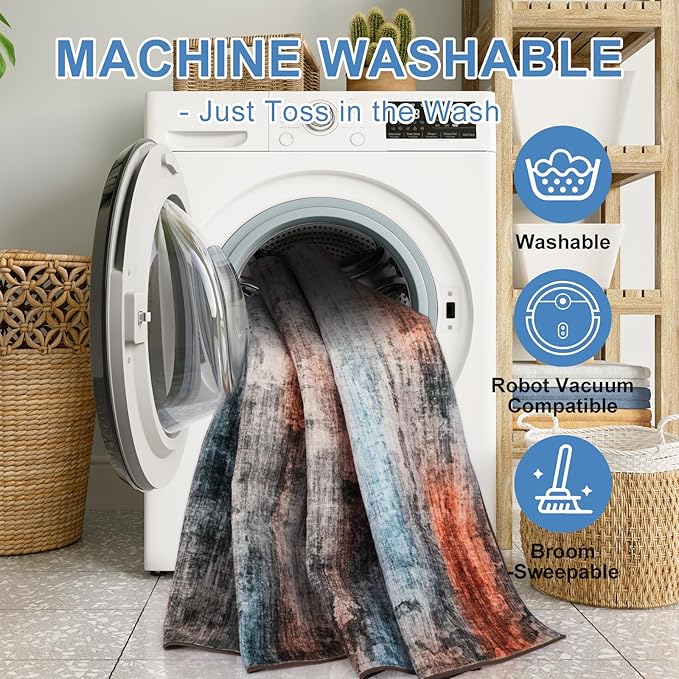 WILLSUN Washable Area Rugs, 6x9 Non-Slip Boho Large Area Rugs for Living Room, Bedroom, Machine Washable Vintage Rug, Indoor Floral Print Carpet for Home Decor, Kid & Pet Friendly Mat