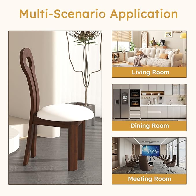 Dining Chairs Set of 2, Key-Design Home Chairs, PU Leather Solid Wooden Dining Chairs with White Round Cushion for Kitchen Dining Room-Deep Walnut Brown