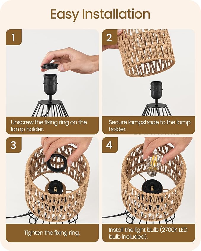Small Bedside Lamp, Boho Table Lamp with Handwoven Paper Lampshade & Black Metal Base, Rattan Desk Lamp, Modern Nightstand Lamp for Bedroom, Living Room, 2700K LED Bulb Included, HW06TL05