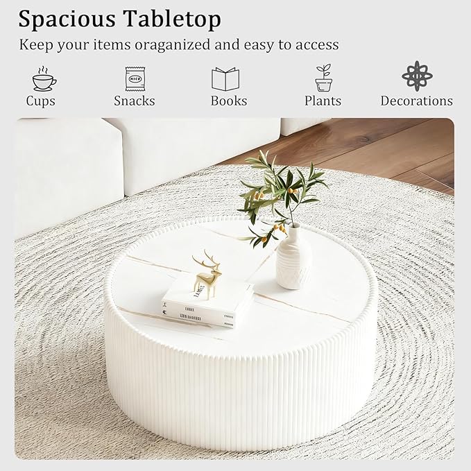White Round Coffee Table with Sintered Stone Tabletop, 29.52" Drum Coffee Table with Fluted PU Leather Covered and Stable Base, Circle Cocktail Tea Table for Living Room