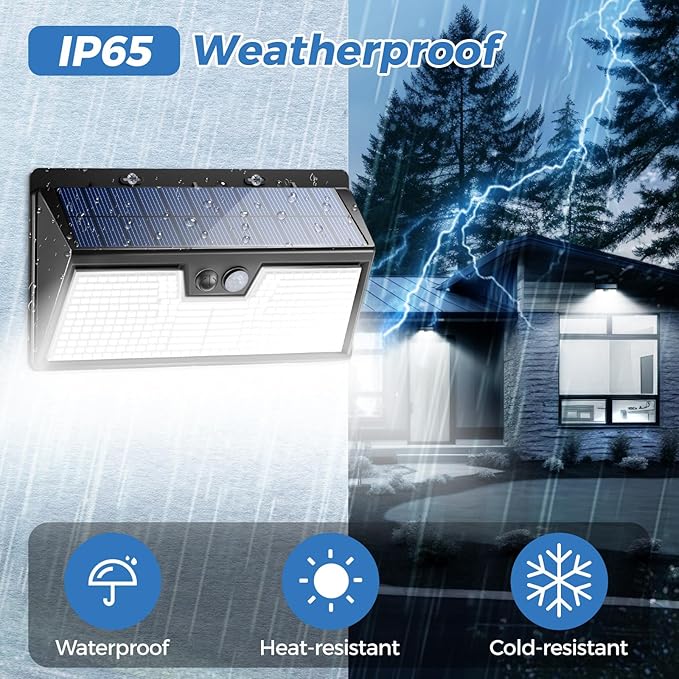Peasur 318LED Solar Lights Outdoor Motion Sensor, Solar Powered Fence Wall Light IP65 Waterproof, 3 Modes Security Lighting for Outside Deck Yard Patio House Step Stair