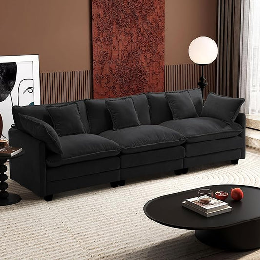 Ihanherry 111.4 Inch 3-Seater Cloud Sofa, Modular Sectional Couch, Modern Deep Seat Sofa for Living Room, Comfy Double Layer Upholstered Seat Cushion, Breathable Chenille Fabric, Black