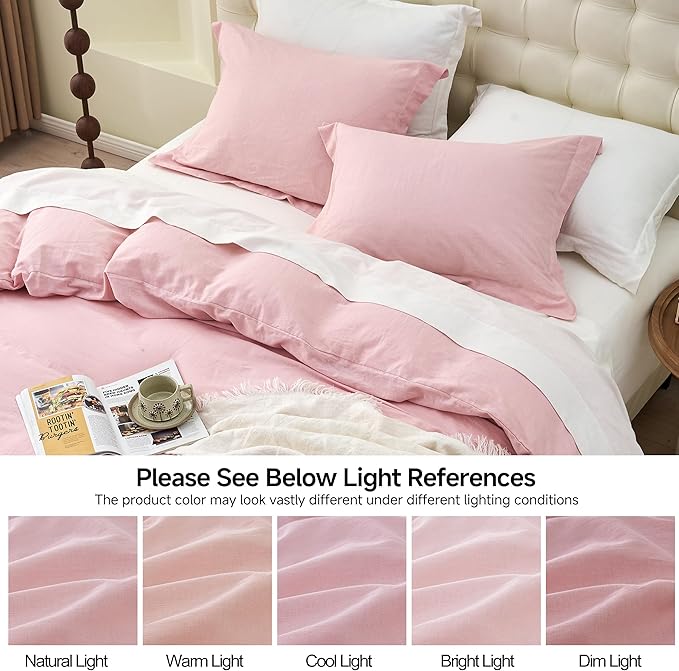 Simple&Opulence French Linen Duvet Cover Set 68" x 86"- 2 Pieces (1 Comforter Cover,1 Pillowcase)- Natural Flax Cotton Blend-Solid Color Breathable Farmhouse Bedding- Pale Pink, Twin