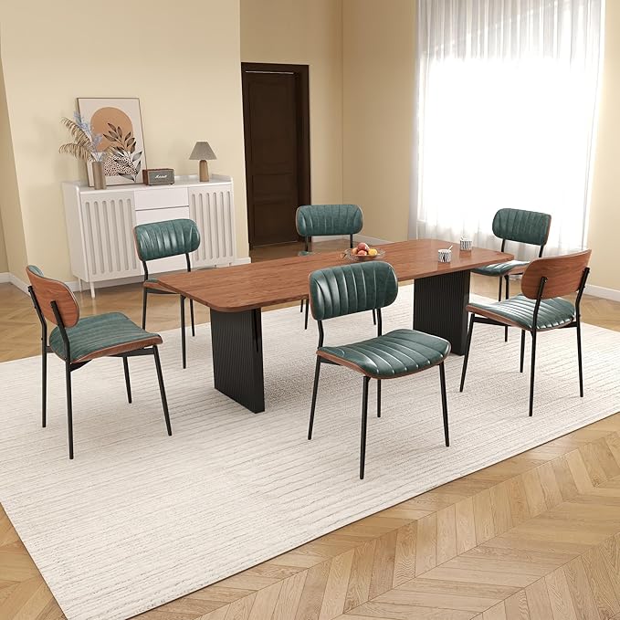 Mid Century Modern Dining Chairs Set of 4,Upholstered Faux Leather Kitchen Chairs with Walnut Bentwood Back and Metal Legs for Kitchen Dining Room Living Room, Green