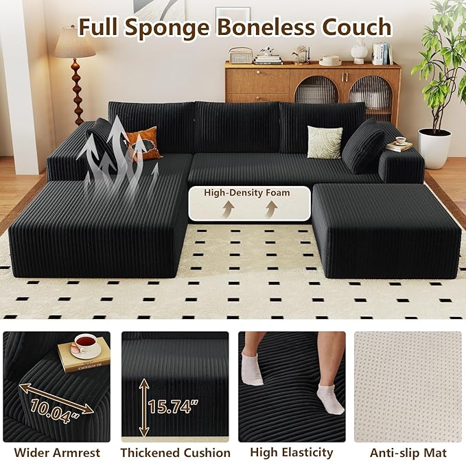 96" U-Shape Cloud Couch, Modern Modular Sectional L-Shape Sofa with Ottoman, Corduroy Upholstered Couches Deep Seat Sleeper Chaise Longue for Living Room, No Assembly Required(Black, Left Facing)