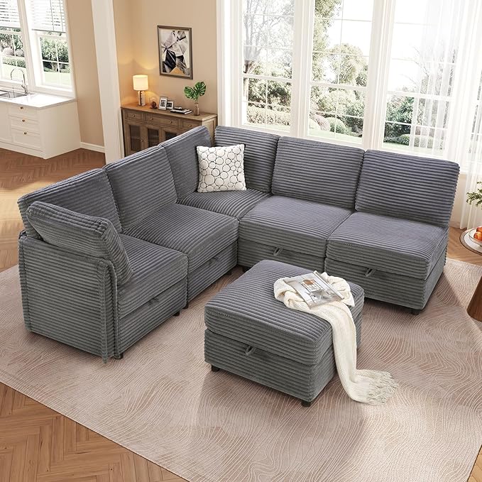 KKL Modular Sectional Sofa V-Shaped 6 Seater Couch with Storage Ottoman, Convertible L/J-Shaped Couch and Sofa Bed Plush Wide-Wale Corduroy for Living Room, Apartment, Modern Design, Gray