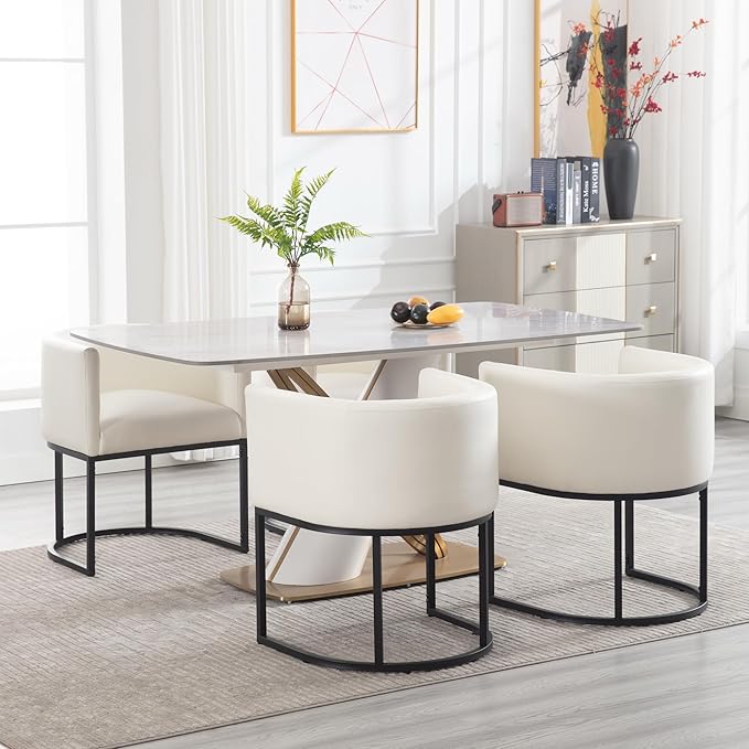 Faux Leather Dining Chairs Set of 8 Modern Barrel Arm Chairs with Black Metal Frame, Upholstered Kitchen Chairs 18.5" Wide Accent Chairs for Living Room Dining Room Restaurant, White