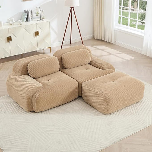 80" Modern Corduroy Boneless Love Seat Couches with 1 Ottoman, 2 Seater Large Sectional Couches for Living Room, Camel Cloud Modular Sectional Sofa, Memory Foam, Extra Deep Loveseat, No Assembly
