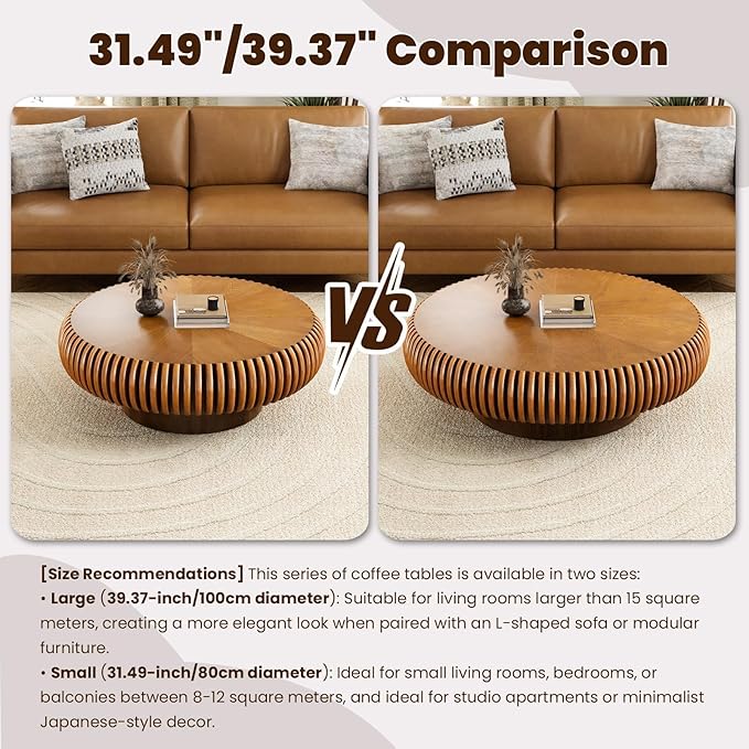 Round Drum Coffee Table for Living Room, Mid Century Modern Coffee Table with Sturdy Pedestal, Farmhouse Fluted Circle Center Table Accent Tea Table for Apartment (Large Brown)