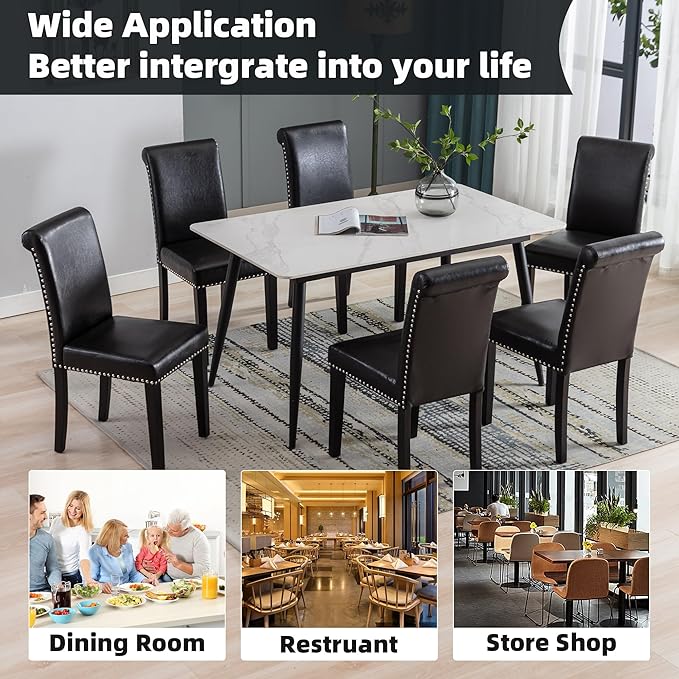 Westice Dining Room Chairs Set of 4 Upholstered PU Leather Kitchen Chairs Dining Room Side Chair with Nailhead Trim and Rubber Wood Legs for Small Space Apartment, Black