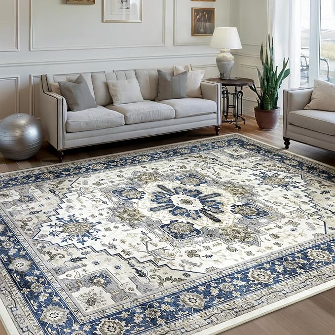 Machine Washable Area Rug 8x10 - Large for Living Room Vintage Oriental Soft Rugs, Low Pile Thin Floor Carpet with Non Slip Backing for Bedroom, Dorm, Under Dining Room Table, Indoor House, Office