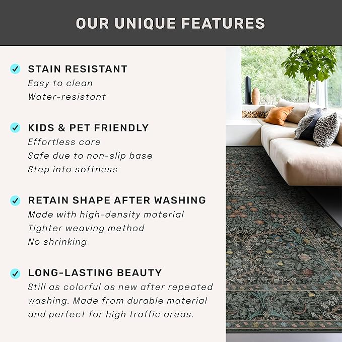 Vintage Washable Dark Green 10x14 Rug for Living Room - Extra Large Area Rug for Dining Room Under Table, Soft Low Pile Carpet for Bedroom - Vintage Floral Design Non-Slip (10x14 Dark Green)