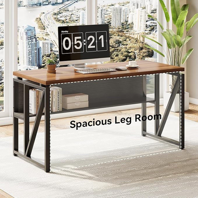 LITTLE TREE 55" Executive Computer Desk and Lateral File Cabinet, L-Shaped Office Desk with Storage for Home Office, Study Writing Workstation, Walnut + Black