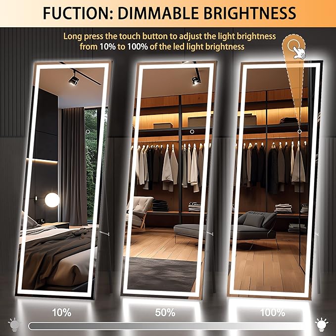 Hasipu Full Length Mirror with Lights, 65" x 21.7" LED Floor Mirror, Full Body Dressing Standing, Hanging Mounted Mirror for Living Room Bedroom Cloakroom, Square White