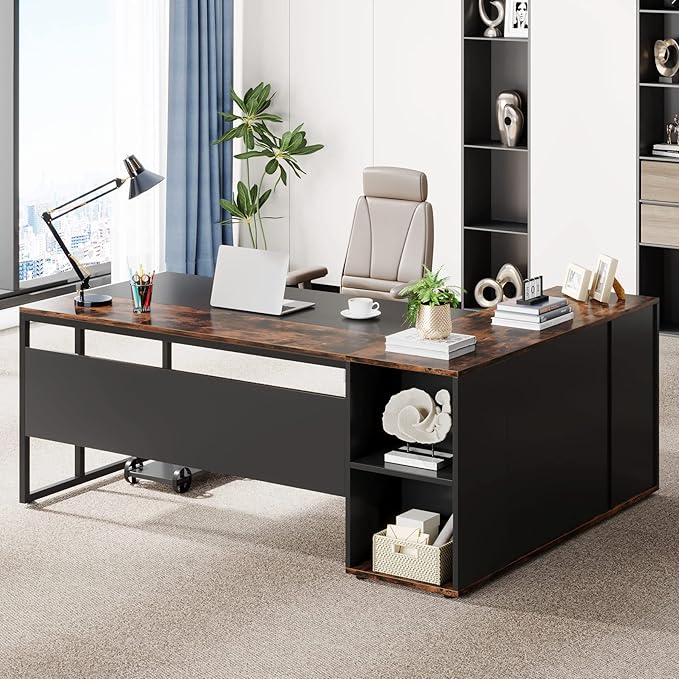 LITTLE TREE Large Computer Desk with File Cabinet, 71 inch Executive Desk L Shaped Office Desk, Business Furniture Desk Workstation for Home Office, Brown