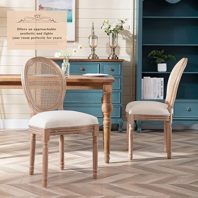 Nrizc Farmhouse Fabric Dining Room Chairs Set of 6, French Chairs with Round Back, Rattan Dining Chair, Oval Side Chair for Dining Room/Kitchen/Restaurant