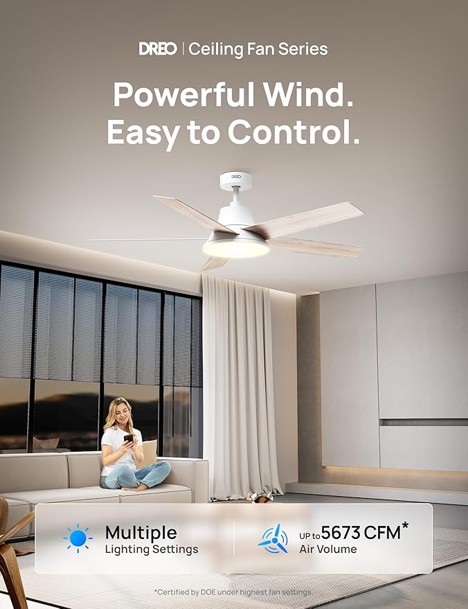Dreo Smart Ceiling Fan with Lights, 52 Inch, 12 Speeds & 3 Fan Modes, Stepless Color Tones, Dimmable LED Light, 12H Timer, Quiet DC Motor, Remote/APP/Alexa Control, White Ceiling Fans Indoor