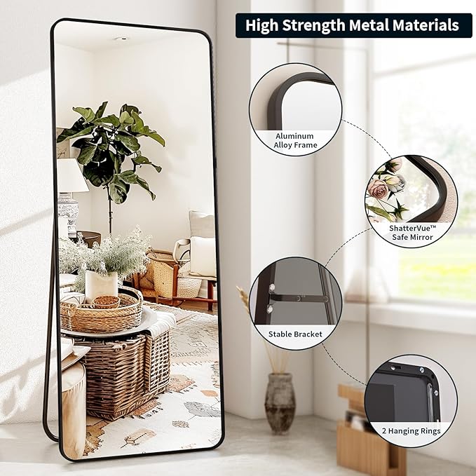 Full Length Mirror 23"x66", Large Floor Mirror with Rectangle Rounded Corners, Gold Aluminum Alloy Frame, Wall Mirror for Full Body