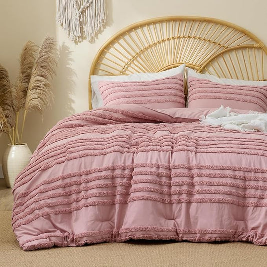 BEDELITE Boho King Size Comforter Set - Dusty Pink Tufted Striped Bed Set 3 Pieces, Soft Vintage Farmhouse Comforter for All Seasons, Boho Home Decor,Fluffy Jacquard Bedding with Pillow Sham