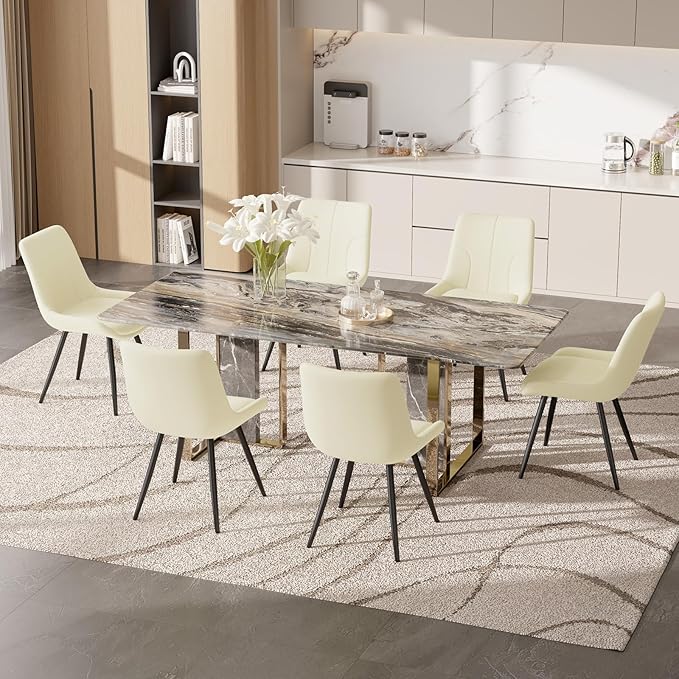 Upholstered Dining Chairs Set of 4, Modern Faux Leather Dining Room Chairs with Thick Cushion and Metal Legs, Kitchen Chairs with Back for Dining Room, Cream