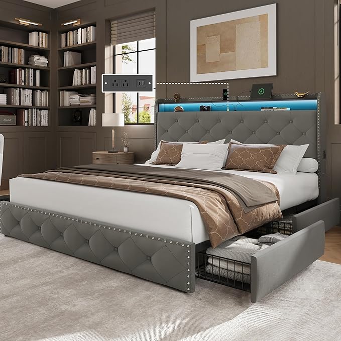 LARMACE Queen LED Bed Frame with Storage Headboard and USB Charging Station, Velvet Upholstered Platform Bed Frame with 4 Drawers, Tufted Beds with Heavy Duty Wood Slats Support, Easy Assembly, Grey