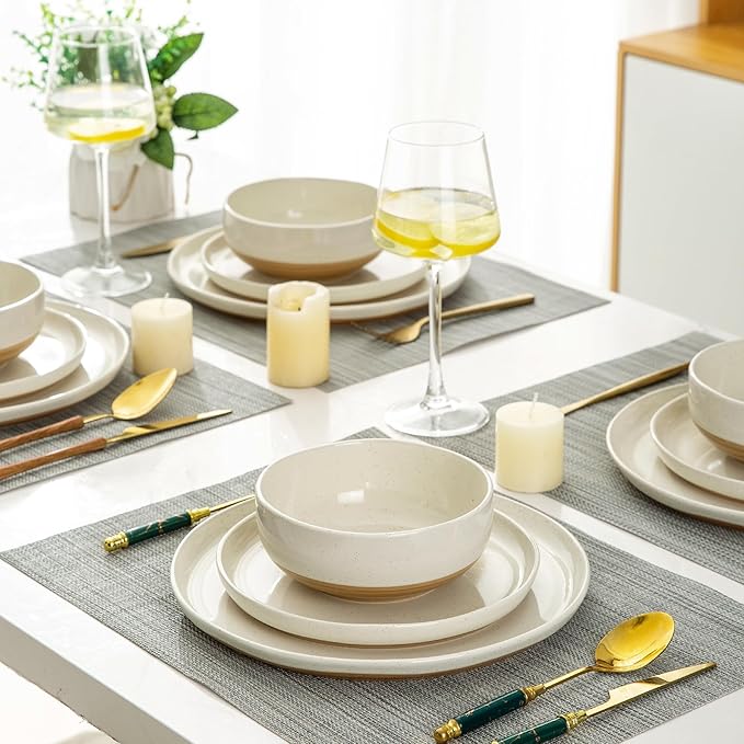 AmorArc Ceramic Dinnerware Sets with Pasta Bowls for 4, Handpainted Plates and Bowls Set with Rustic Terracotta Underside, Scratch Resistant Dishes Set, Dishwasher & Microwave Safe, 16 Pcs