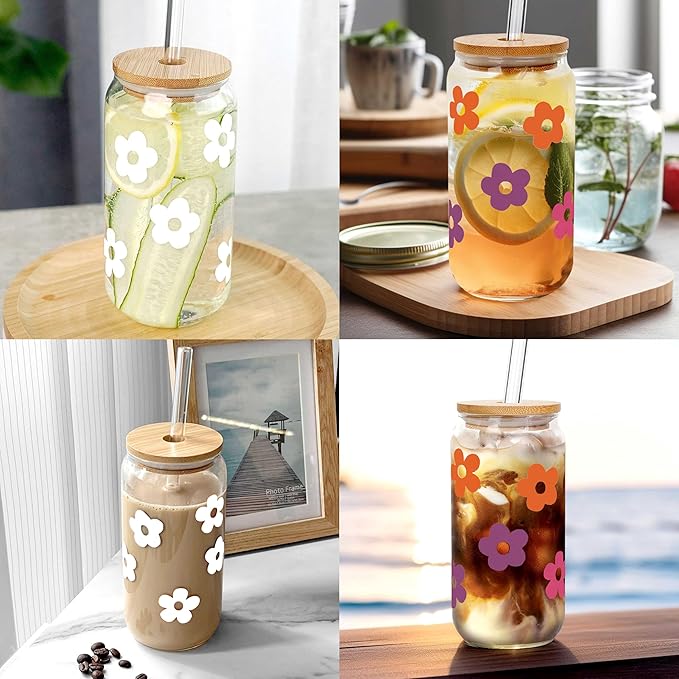 Mason Life Glass Cups with Lids and Straws, 20OZ Can Shaped Glass Cups, Drinking Glasses, Iced Coffee Glasses Cup, Reusable Smoothie Iced Coffee Drinking Cup - Set of 6