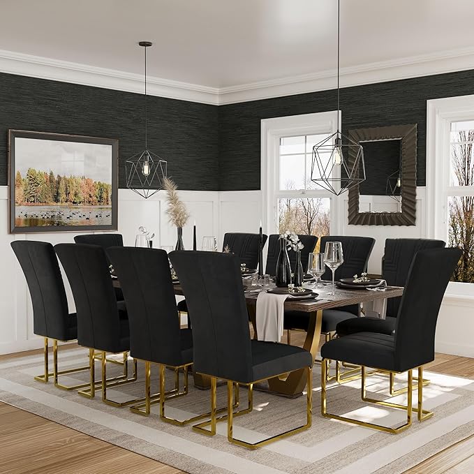 AUZ Dining Chairs Set of 10, Black Velvet Upholstered High Back Dining Chairs with Polished Gold Sled Legs