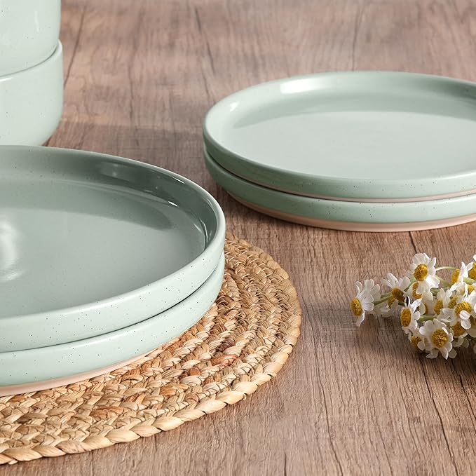 HaWare Stoneware Dinnerware Sets, 18-Piece Plates and Bowls Set for 6, Dishes Set for Home Restaurant, Speckled Asparagus Green