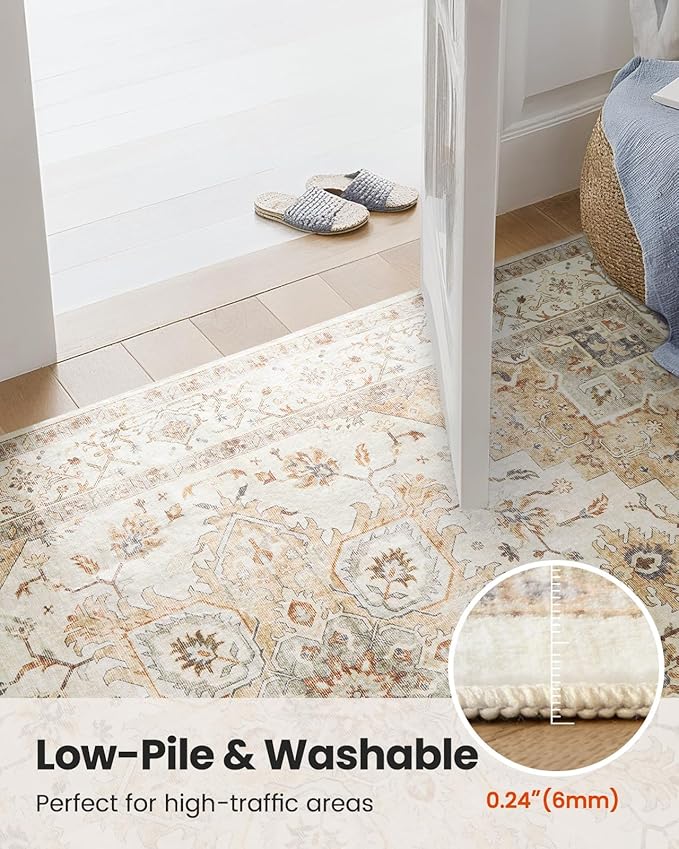 AMADA HOMEFURNISHING 5ft Round Area Rug, Low-Profile Washable 5x5 Rugs with Non-Slip Backing & Durable Edge Binding, Vintage Rug for Kitchen, Bedroom & Hallway, Beige