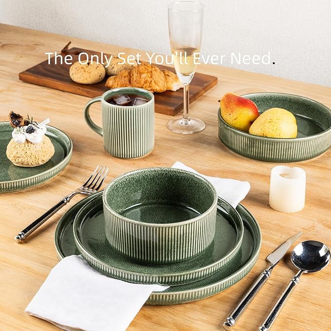 GBHOME Stoneware Dinnerware Sets for 8,Round Reactive Glaze Ceramic Plates and Bowls Set,Highly Scratch Resistant | Dishwasher & Microwave Safe Dishes Set,Service for 8(24Pcs),Dark Green