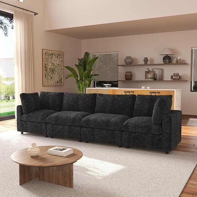 JACH 134" Sectional Couches for Living Room, 4-Seater Convertible Modular Sofa, Cloud Sectional Couch, Sofa Covers Washable, Minimalist Modern Couch for Living Room, Apartment, Black