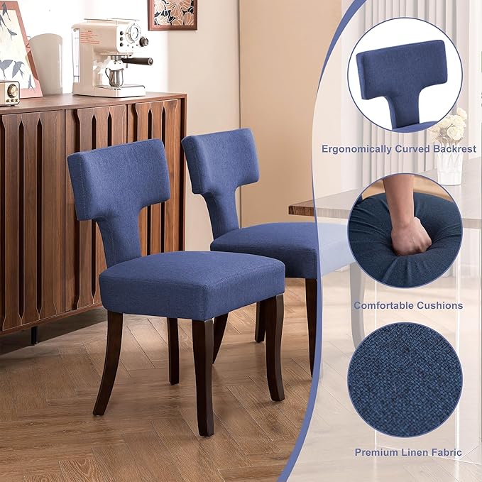 Mid Century Modern Dining Chairs Set of 2, Upholstered Side Dining Chairs with Curved Back Linen Fabric Armless Wood Chairs Kitchen & Dining Room Farmhouse Chairs (Blue)