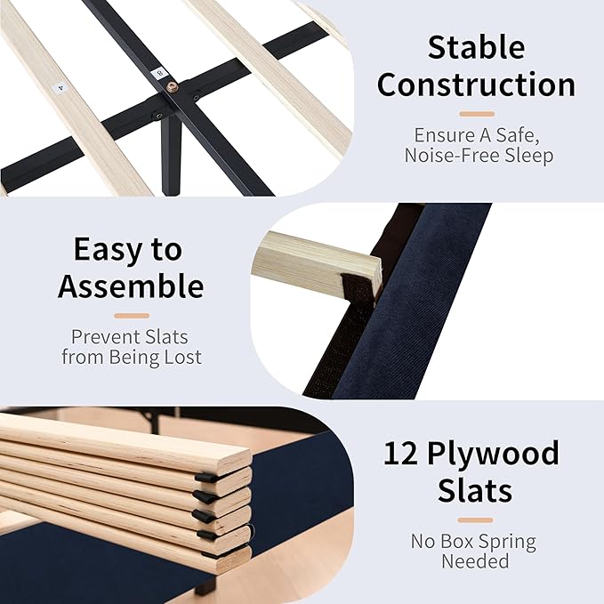 Twin Size Upholstered Platform Bed Frame with Modern Wingback & Vertical Panel Headboard, Linen Fabric, Wooden Legs & Slats Support, No Box Spring Needed, Noise-Free & Easy Assembly, Dark Blue