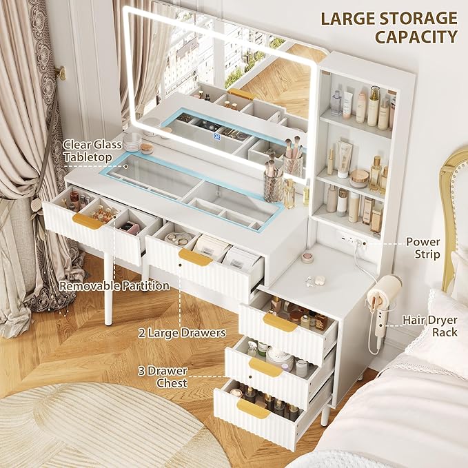 Makeup Vanity Desk with Mirror and Lights, 48" Fluted Makeup Table with Glass Top, Vanity Desk with 5 Drawers, Open Shelf & Power Outlet, Modern Dressing Table for Bedroom Living Room