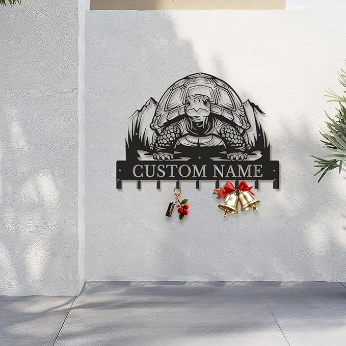 Custom Tortoise Metal Key Holder for Wall, Personalized Family Name Metal Sign with Hooks, Entryway Coat Rack and Organizer for Keys, Leashes, Hats (Style-3)