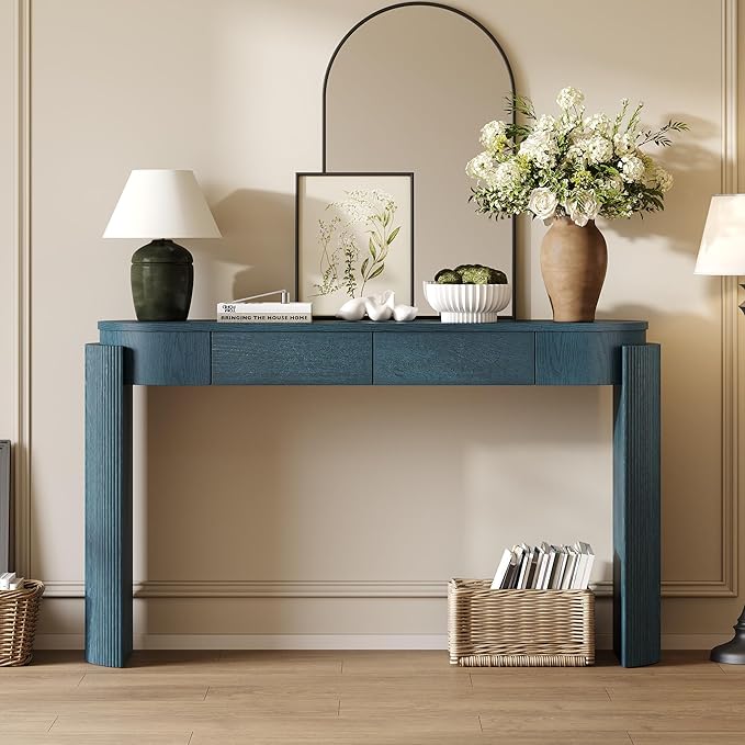 MTHOUSE 55.1" Entryway Narrow Console Table with Drawers, Oval Top & Fluted Legs, Natural Wood Grain Sofa Table for Hallway, Foyer, Behind Couch, Accent Table for Living Room, Solid Wood + MDF (Navy)